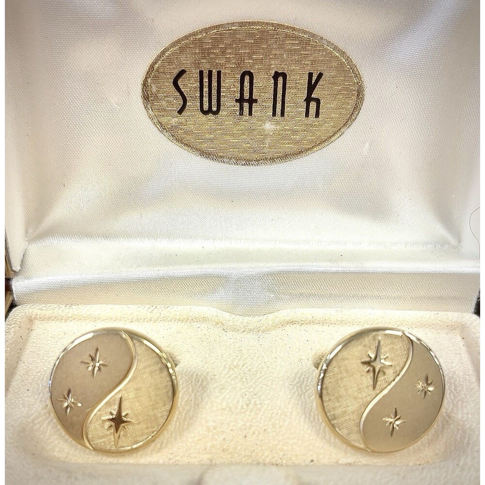 Vintage SWANK Gold Tone Cufflinks Starburst Atomic Mid Century Modern Round Mens